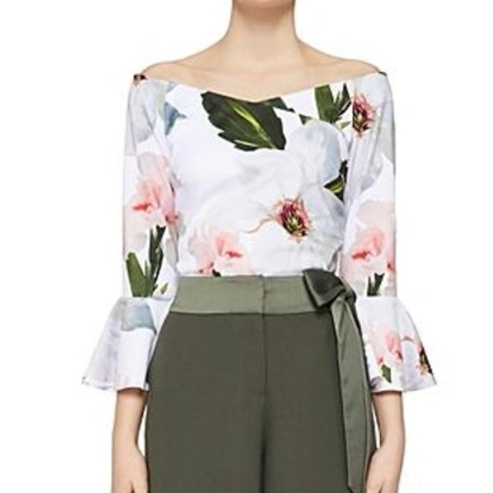 Ted Baker Cream Asymmetrical Ruffled Off-Shoulder Blouse